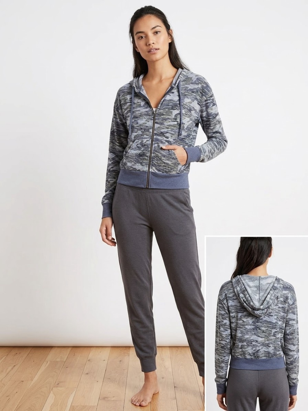Free People Blue & Gray Camo Zip Hoodie Jacket